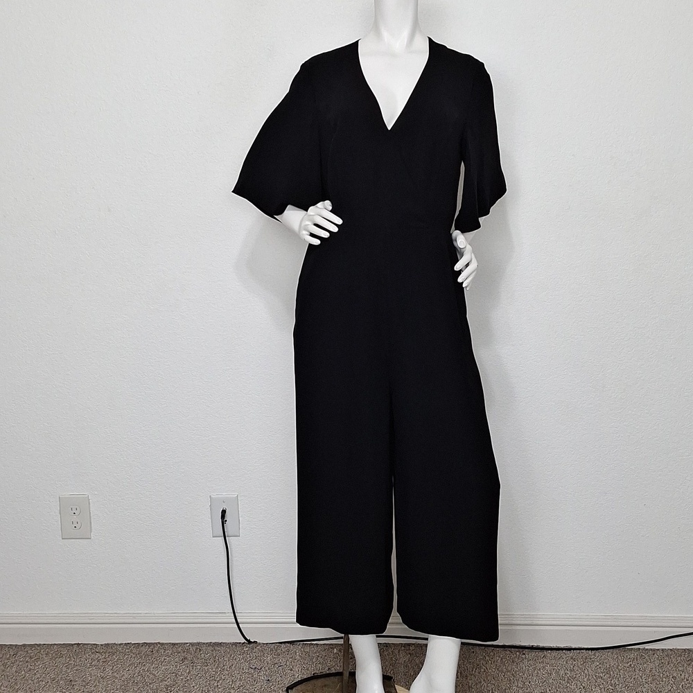 Le Gali Black Classic Preppy V-Neck Flare Sleeve Wide Leg Ankle Jumpsuit Size L